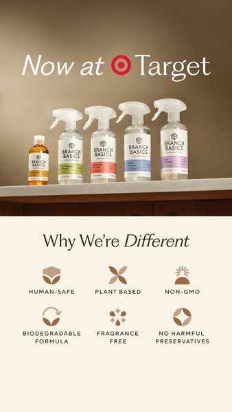 Five Branch Basics cleaners on a shelf under Now at Target, above a six-icon benefit grid incl. plant based and non-GMO