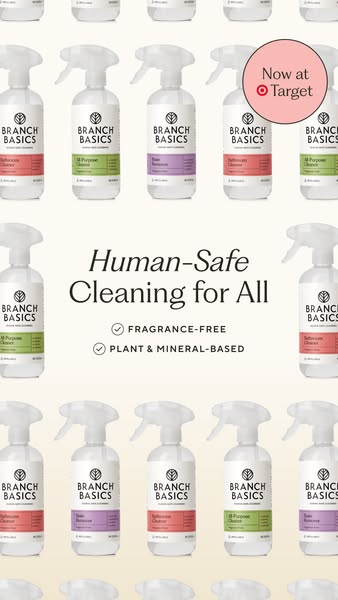 Repeating rows of Branch Basics spray bottles with green, red and purple labels around the text Human-Safe Cleaning for All