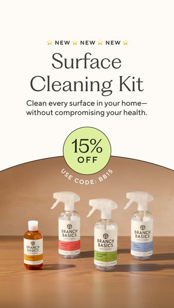 Branch Basics concentrate and three sprays on wood, headline Surface Cleaning Kit, green 15% off badge, code BB15