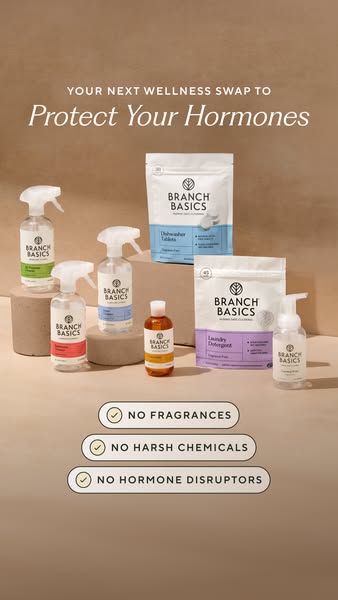 Branch Basics sprays, concentrate and pouches on beige plinths, text Protect Your Hormones and three free-from badges