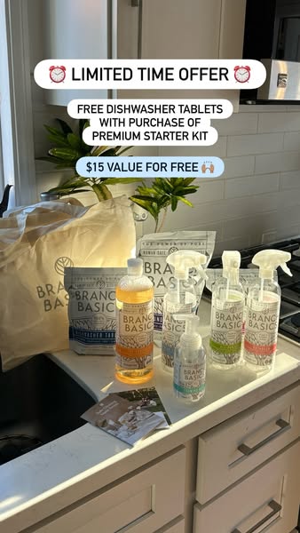 Branch Basics starter kit on a sunny kitchen counter, sticker text Limited Time Offer, free dishwasher tablets, $15 value