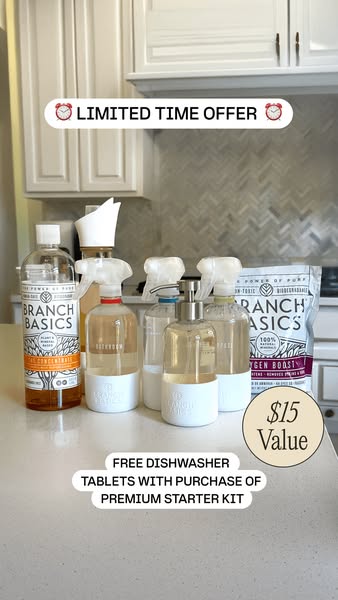 Branch Basics concentrate, glass sprays, soap and Oxygen Boost on a white counter, Limited Time Offer and $15 Value seal