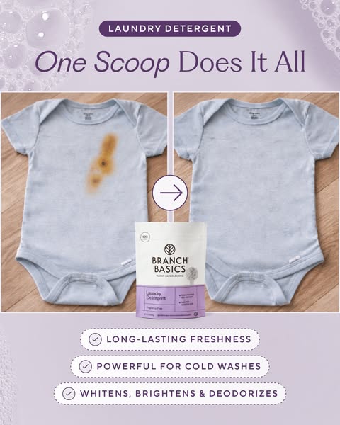 Side-by-side baby onesie with a brown stain and clean, with a Branch Basics laundry detergent pouch and three benefit badges
