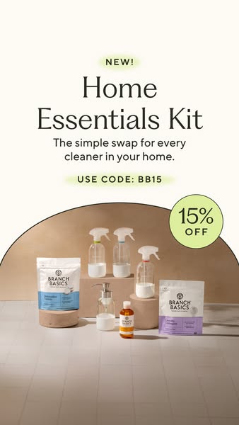 Branch Basics Home Essentials Kit with glass sprays, soap, concentrate and pouches on plinths, 15% off with code BB15