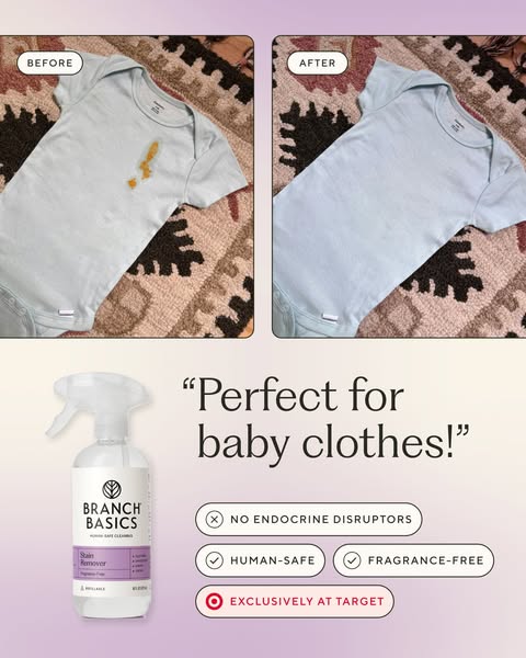 Before/after of a stained mint baby onesie, Branch Basics Stain Remover bottle and quote Perfect for baby clothes