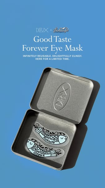 Open silver Dieux tin with two pale blue fish-shaped eye masks on a bright blue background