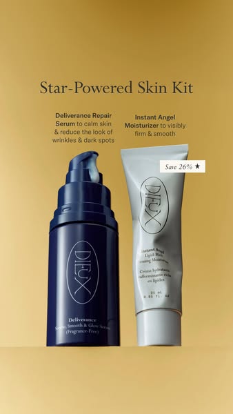Navy Dieux Deliverance serum and white Instant Angel moisturizer tube on a gold background with benefit callouts