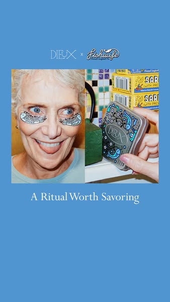 Split image of an older woman with tongue out wearing fish eye masks and a hand holding a Dieux tin by sardine tins