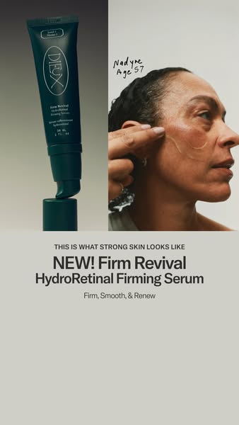 Dark green Dieux Firm Revival serum tube beside a 57-year-old woman applying serum to her cheek