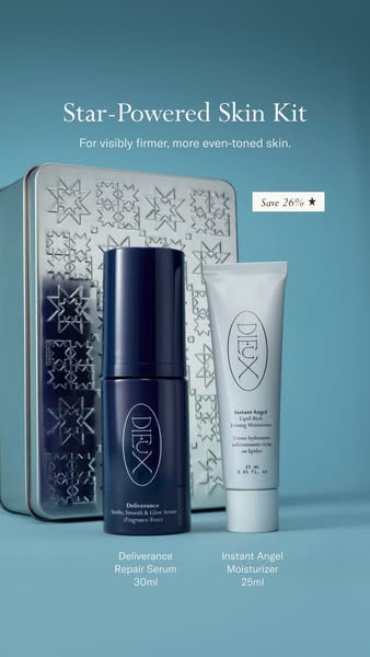Dieux Deliverance serum and Instant Angel moisturizer before a star-embossed silver tin on teal with serif headline