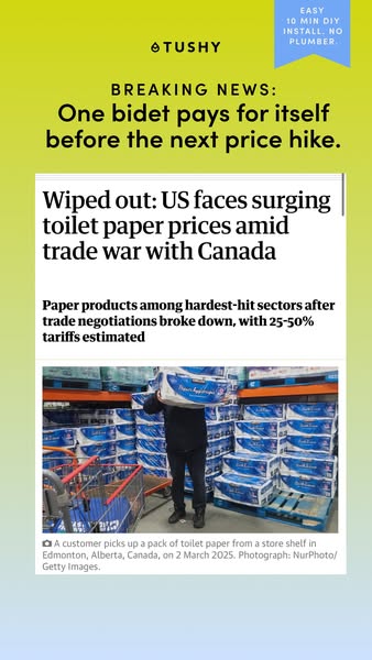 Lime-to-blue gradient ad with Breaking News headline above a news article screenshot about toilet paper price tariffs
