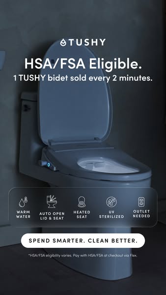 Dark bathroom with a TUSHY electric bidet seat, HSA/FSA Eligible headline and five feature icons
