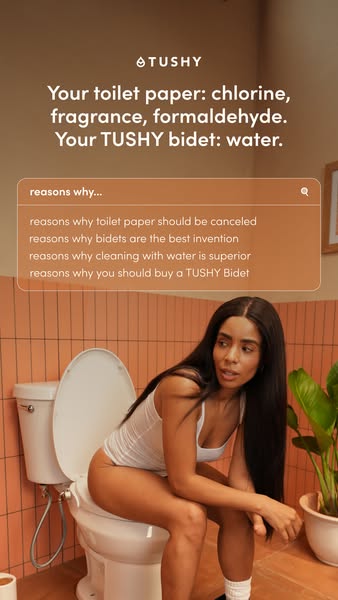 Woman on a toilet in a terracotta bathroom with headline comparing toilet paper chemicals to TUSHY water and a search bar