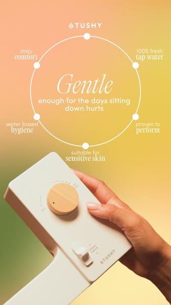 Hand holding a TUSHY bidet control panel with bamboo knob under a white circle of five benefits on a peach gradient
