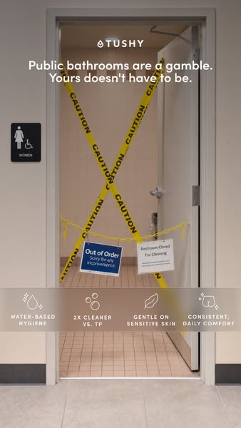 Women's public restroom doorway crossed with yellow caution tape and Out of Order signs above a four-icon benefit bar