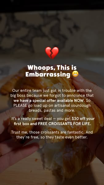 Text-heavy story over a darkened photo of hands tearing a croissant, headed 'Whoops, This is Embarrassing' with emojis