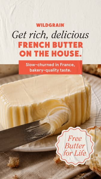 Knife spreading soft French butter from a ridged block on a plate, under the headline 'French butter on the house'