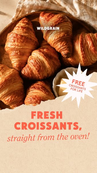Overhead basket of golden croissants with a small butter dish and a white starburst saying 'Free croissants for life'