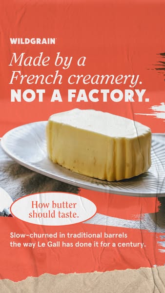 Block of butter on a white plate against a coral background, headline 'Made by a French creamery. Not a factory.'