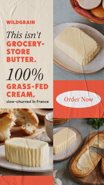 Collage of butter blocks and buttered bread beside the headline 'This isn't grocery-store butter' and an Order Now button