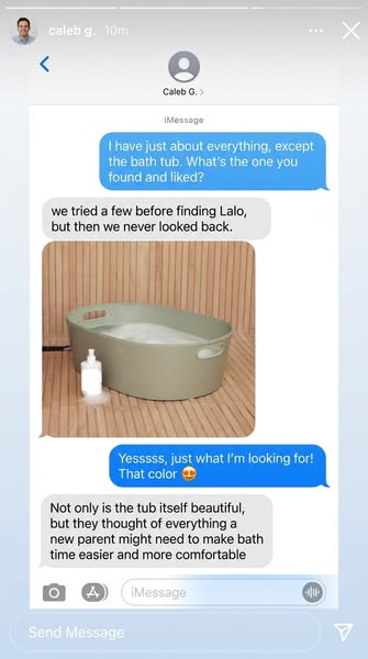 Instagram Story showing an iMessage chat where a friend recommends the sage green Lalo baby bath tub with a photo