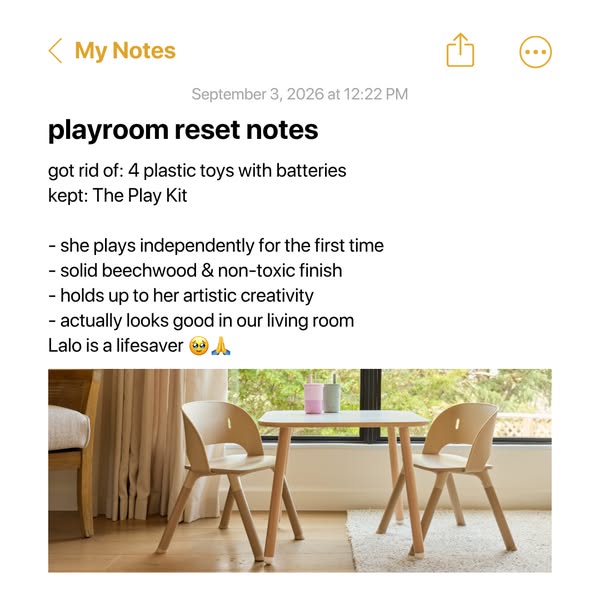 iPhone Notes screenshot listing playroom reset notes above a photo of the Lalo Play Kit beechwood kids table and two chairs