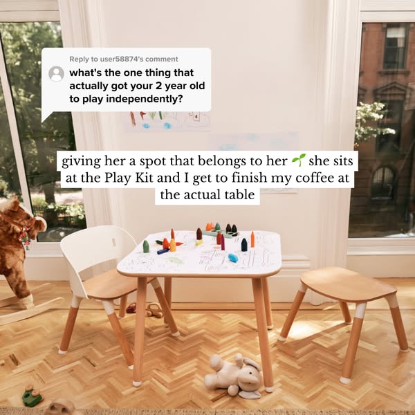 Lalo Play Kit kids table with crayons and two chairs in a sunny room, with a TikTok comment asking about independent play