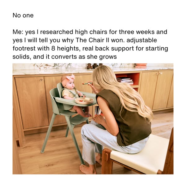 Mother feeding a baby in a sage green Lalo Chair II high chair below a 'No one / Me' meme caption about high chair research