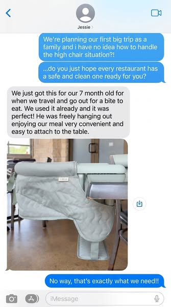 iMessage conversation about a first family trip, with a photo of a sage Lalo hook-on chair clipped to a restaurant table