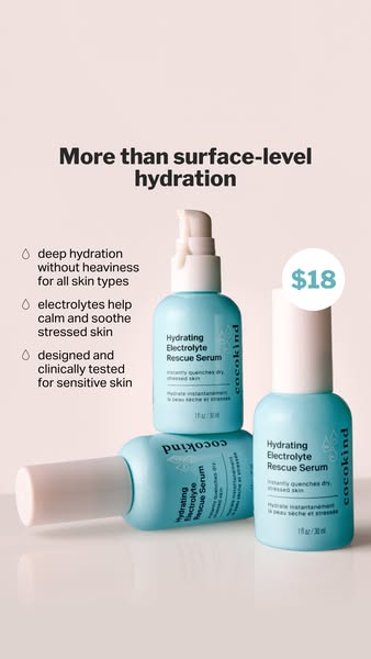 Three teal Cocokind Electrolyte Rescue Serum bottles on a pale pink background with benefit callouts and an $18 badge