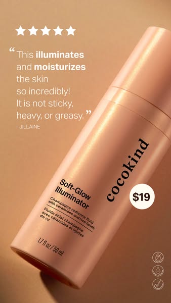 Peach Cocokind Soft-Glow Illuminator bottle on a warm background with five stars, a customer quote and a $19 badge