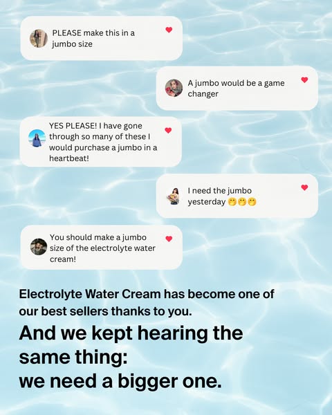 Five social media comments asking Cocokind for a jumbo Electrolyte Water Cream, over a blue pool water background