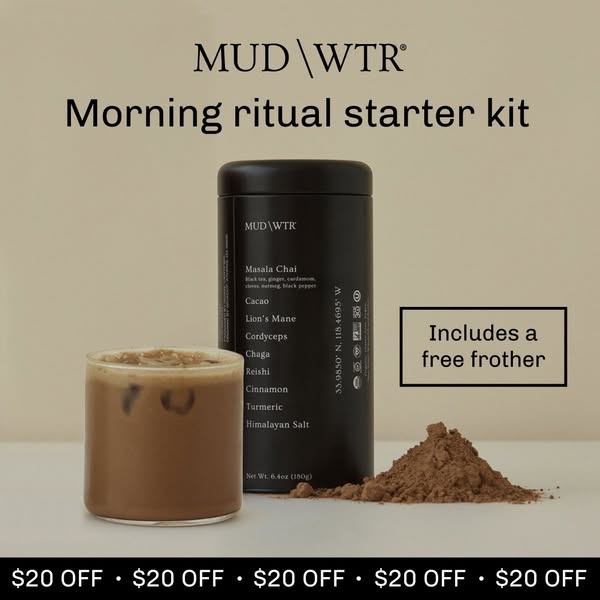 MUD WTR tin with a glass of iced chai and a pile of powder on beige, with a free frother callout and $20 off banner