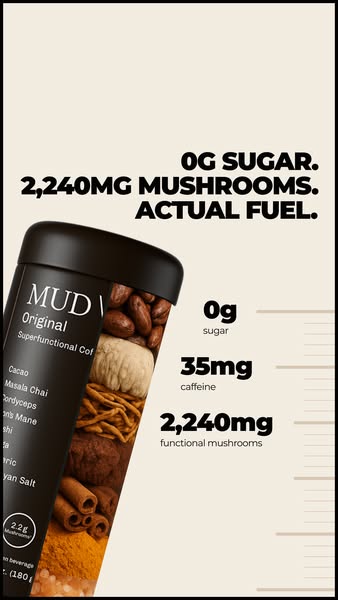 Tilted MUD WTR Original tin cut away to show cacao, mushrooms and spices beside 0g sugar, 35mg caffeine and 2,240mg stats