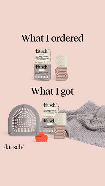 Kitsch rice water shampoo bars on top; the same bars plus drain catcher, claw clip and waffle towel below on pink