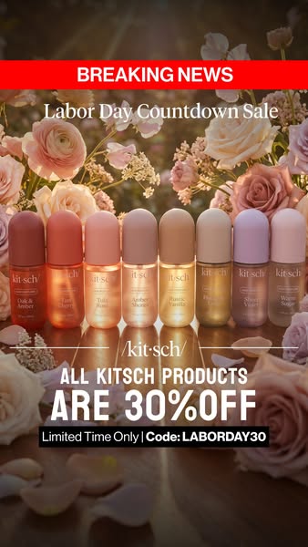 Eight pastel Kitsch hair perfume bottles among roses under a red Breaking News banner with 30% off and code LABORDAY30