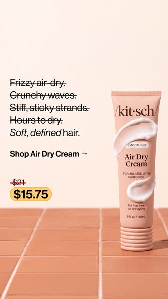 Peach Kitsch Air Dry Cream tube on terracotta tiles beside crossed-out hair problems and a price cut from $21 to $15.75