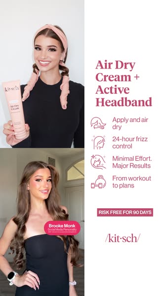 Creator holding Kitsch Air Dry Cream wearing a pink heatless curl headband above a photo of her finished long curls