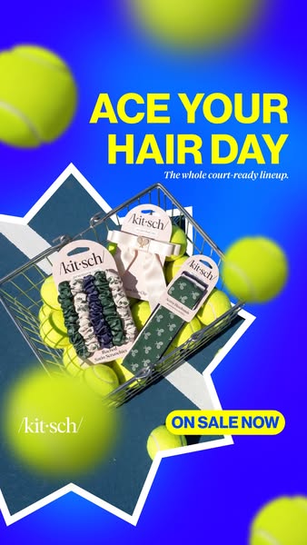 Wire basket of tennis balls with Kitsch satin scrunchies, bow and headband on bright blue with flying tennis balls