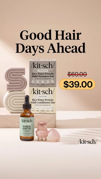 Kitsch rice water shampoo and conditioner bars, scalp oil and pink massager on a stone plinth, $60 cut to $39