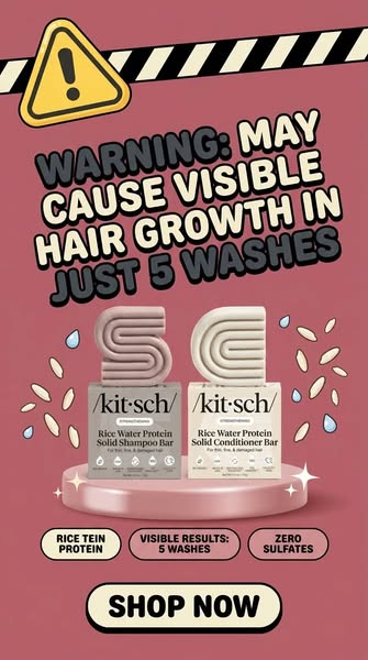 Kitsch rice water shampoo and conditioner bars on a pink pedestal under a yellow warning sign about hair growth