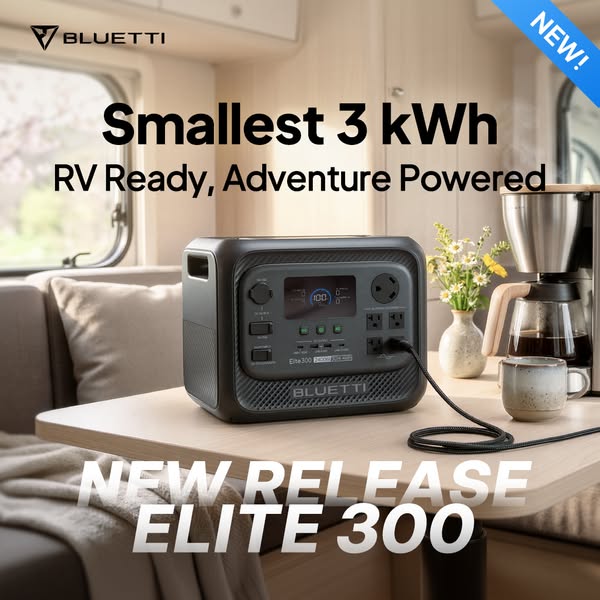 Bluetti Elite 300 power station on an RV table powering a coffee maker, with 'Smallest 3 kWh' headline