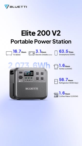 Bluetti Elite 200 V2 power station surrounded by runtime icons for TV, griddle, phone, kettle, fridge and coffee maker