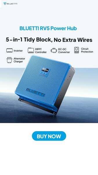 Blue Bluetti RV5 Power Hub with icons for inverter, MPPT controller, DC-DC converter and alternator charger