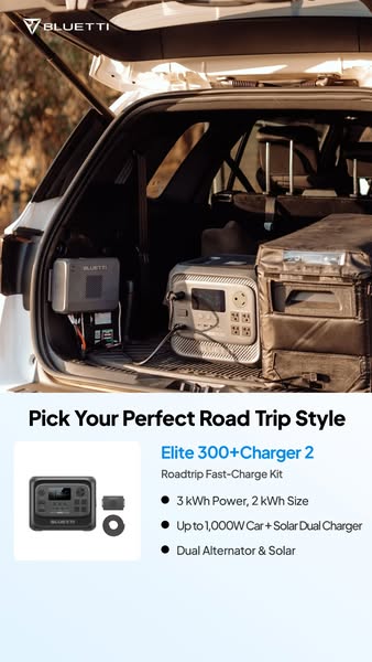 Bluetti Elite 300 power station and Charger 2 in an SUV boot next to a cool box, with a product card and three benefits below