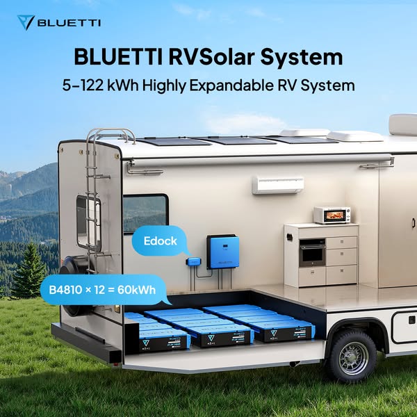 Cutaway render of an RV with rooftop solar panels, Bluetti Edock and twelve B4810 batteries under the floor totalling 60kWh