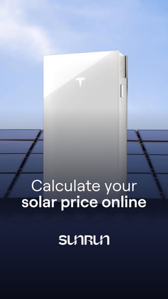 White Tesla Powerwall home battery standing above solar panels against a blue sky with Calculate your solar price online text