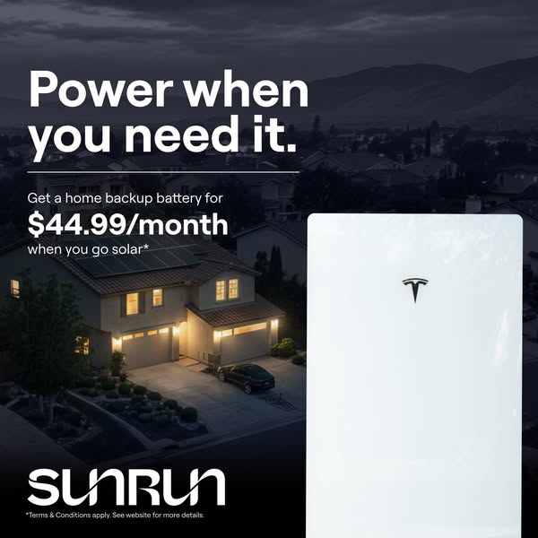Suburban house lit at dusk with solar panels and a Tesla Powerwall, offering a backup battery for $44.99/month