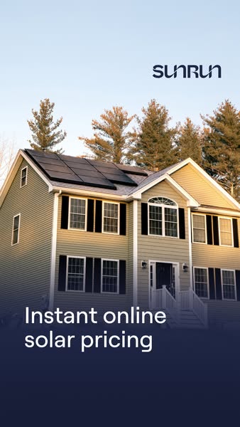 Beige colonial house with black shutters and roof solar panels among pine trees, with Instant online solar pricing text