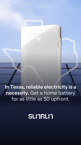 Tesla Powerwall battery over solar panels with a white Texas state outline behind it and $0 upfront home battery text